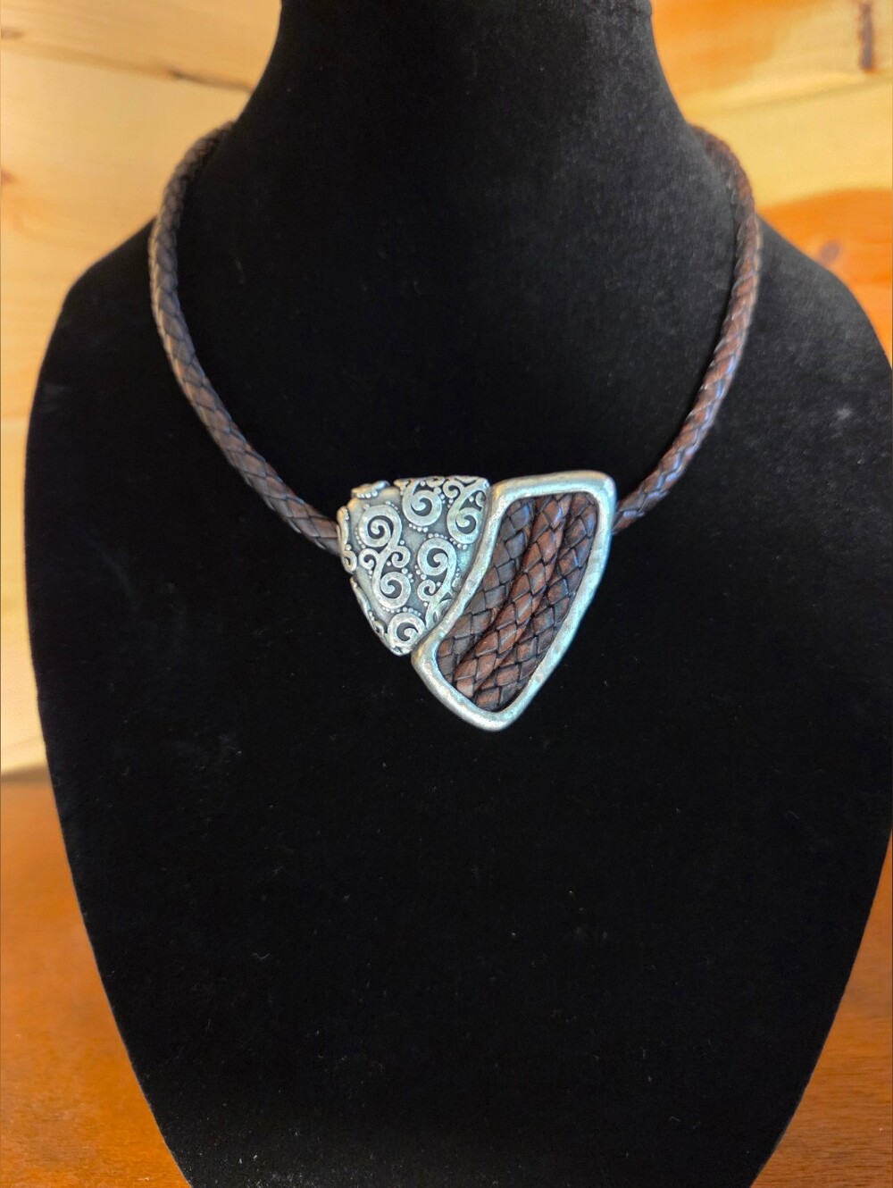 Western Look Braided Brown Leather‎ Necklace with Pendant
